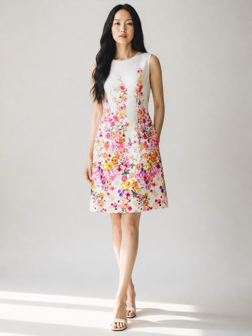 Brannan Womens Size 10 Floral Sheath Dress White Sleeveless Career Wedding